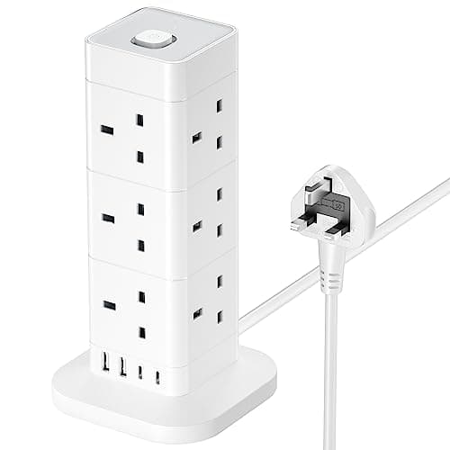 Tower Extension Lead with USB Slots, Hotimy 12 Way Extension Tower Surge Protection with 4 USB Slots (2 USB A & 2 Type C) Multi Plug Tower Power Strip 3250W 13A Extension Cord 2M for Phone,Tablet, TV