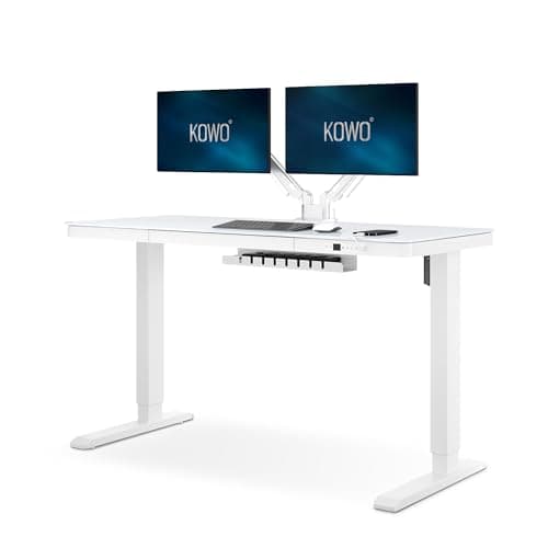 kowo Glass Electric Standing Desk, 140x60cm, Large Tempered Glass Top with Metal Drawer & USB-C Hub, Height Adjustable 73-118cm, Sit Stand Home Office Desk, White