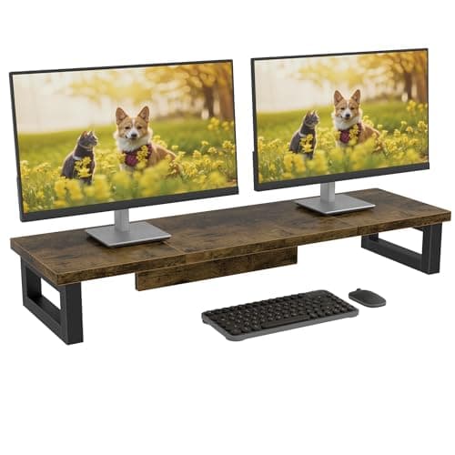OYRREU Dual Monitor Stand Riser – 91x26cm Desk Shelf for 2 Screens Wooden