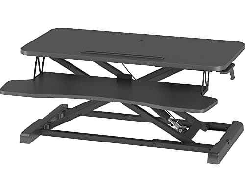 BONTEC 80cm Standing Desk Converter, Dual-Tier Height Riser, 15kg, Black | Separate keyboard tray, ergonomic sit-stand setup, for PCs, laptops, monitors, typing, studying and home office use