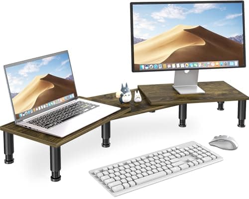Monitor & Stand Riser, Adjustable Height Steel Leg, Wood Desk Stand for 2 Monitors with Storage