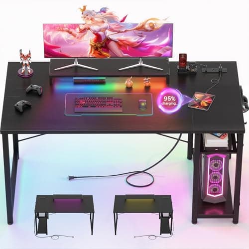 iSunirm 47 inch Gaming Desk with Power Outlets & LED Lights, Black Computer Desk with Ergonomic Monitor Stand, Sturdy Home Office Desk for Small Spaces, Carbon Fibre Texture, Study Table for Bedroom