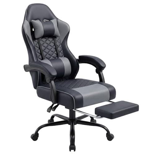 Panana Racing Style Gaming Chair with Footrest, PU Leather, Massage Lumbar Support, Reclining, 360° Swivel Seater Adjustable Height (Grey)