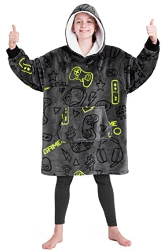 CityComfort Hoodie Blanket for Kids & Teenagers Fleece Wearable Blanket Warm Gamer Football Oversized Hoodie with Sherpa Hood Loungewear Gaming Gifts (Grey Gaming)