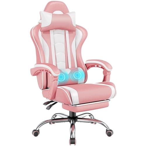 Yaheetech Gaming Chair with Massage Lumbar Support & Footrest Pink/White