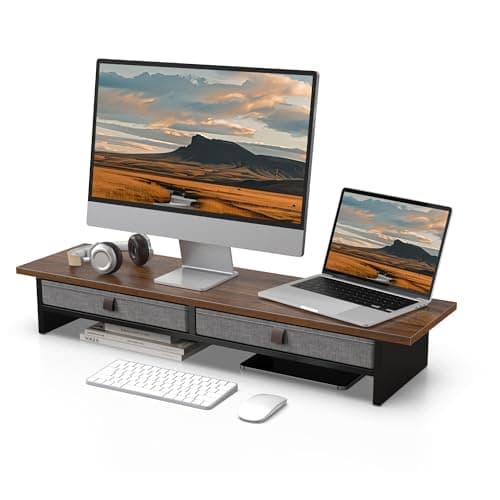 Fenge Monitor Stand, 90cm, 2 Linen Drawers, 2 Tiers, Monitor Riser, Brown