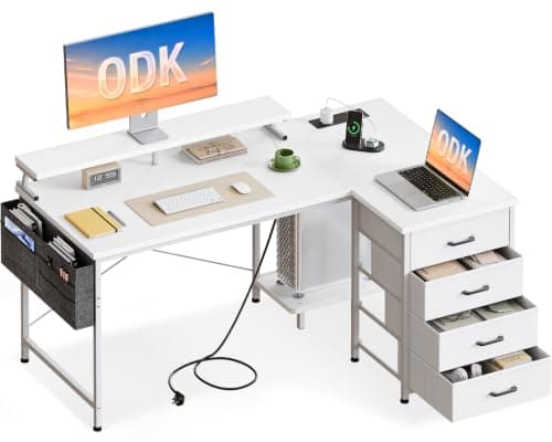 ODK L Shaped Computer Desk with Drawers & Monitor Stand, 140 x 80 cm, White | Corner Desk with USB Charging Port & Power Outlet, Home Office Desk with PC Stand & Storage Bag, Gaming Home Workstations
