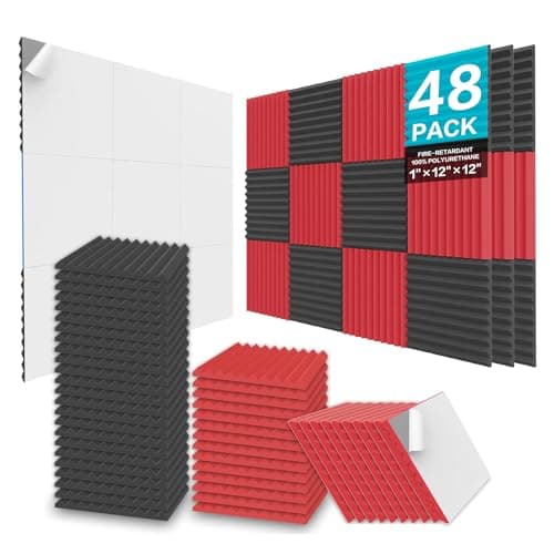 JBER 48 Pack Acoustic Foam Panels, 2.5 X 30 X 30cm/1" X 12" X 12" Studio Soundproofing Wedges Fire Resistant Sound Proof Padding Acoustic Treatment Foam - Black & Red