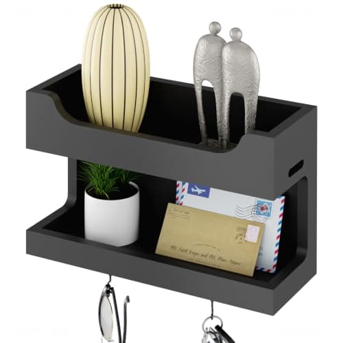 NiHome Bedside Shelf, Wooden Floating Wall Organiser, Magnetic Hooks, Black
