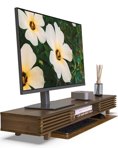 WELL WENG 42" Dual Monitor Stand with Sliding Doors Desk Shelf Dark Bamboo