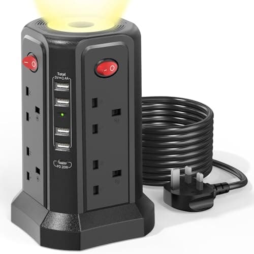 Tower Extension Lead with USB Slots 3M, 20W Fast Charger with Night Light