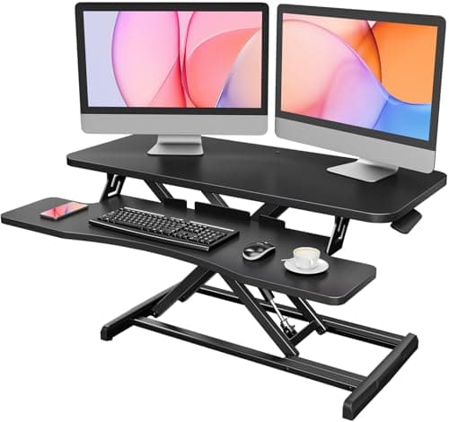 HUANUO Standing Desk Converter, 36''/91cm Desk Riser | Large Keyboard Tray, Dual Monitor, Smooth Pneumatic Lift System, Laptop Workstation, Easy Assembly