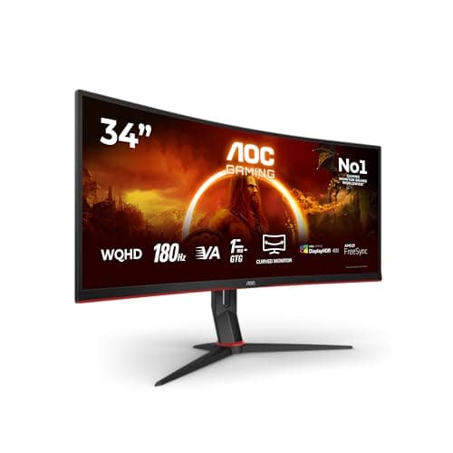 AOC CU34G2XP/BK 34 inch UW-QHD Gaming Monitor Curved, 180Hz, Fast VA Panel, 1ms GtG, , HDR400, FreeSync Premium, Height Adjustment, (3440x1440 HDMI 2x 2.0 USB Hub) Black/Red