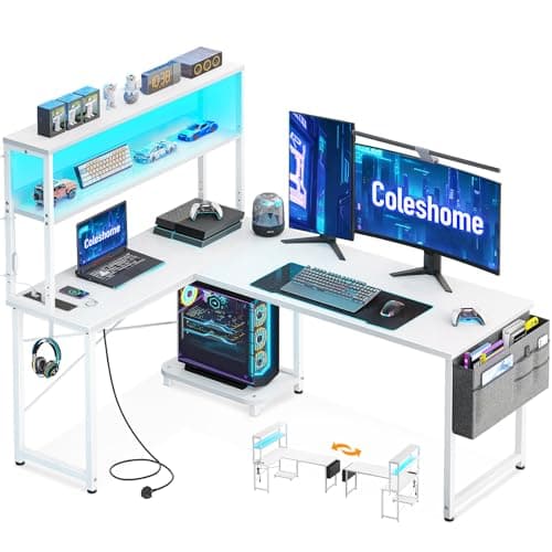 Coleshome L Shaped Gaming Desk with LED Lights & Power Outlet, White