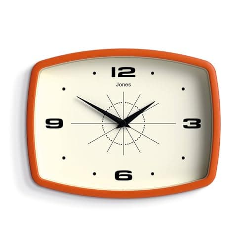 JONES CLOCKS® Movie wall clock | Rectangular retro clock | 25cm | Orange | Cool mid-century designer look for kitchen, living room or office