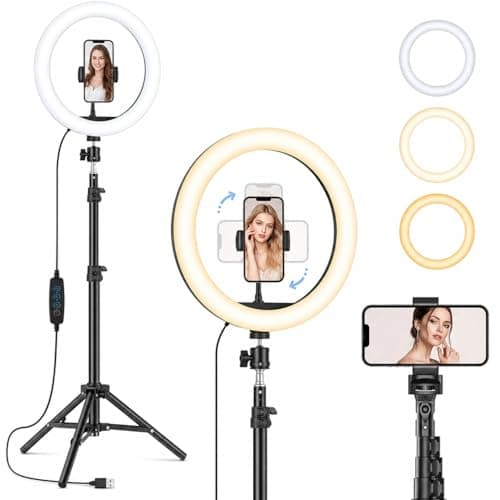 10 Inch LED Ring Light with Tripod Stand & Phone Holder, USB Powered Selfie Ring Light, 3 Colour Modes & 11 Brightness Levels for TikTok, YouTube, Live Streaming, Video Recording, Makeup & Photography