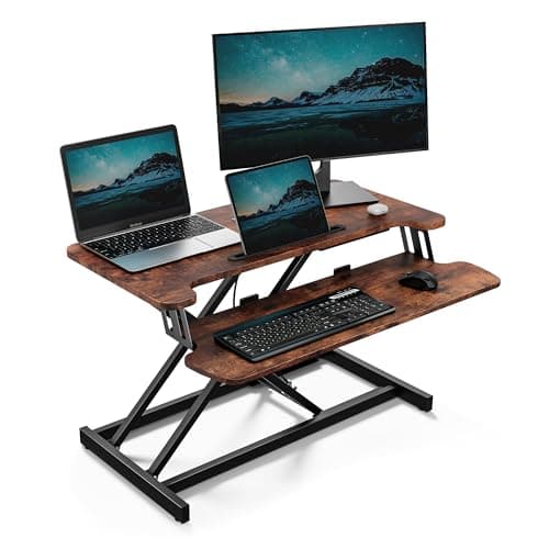 VonHaus Standing Desk Converter, Height Adjustable Computer Workstation with Keyboard Shelf, Dual Monitor Desk Riser w/Tablet Holder - 80x40cm (Dark Wood) | Height Adjustable Computer Workstation, Keyboard Shelf, Dual Monitor Desk Riser, Tablet Holder, 80x40cm