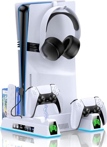 BEBONCOOL HOTS PS5/Slim/Pro Stand with Dual Controller Charger for PlayStation 5 Console, Cooling Station with Adjustable Cooling Fan, 11 Game Disc Slots,Compatible with PS5 Pro/Slim Disc & Digital