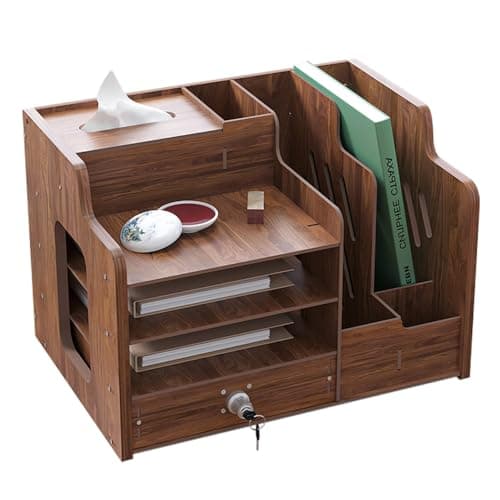 Hggzeg Wooden Desk Organiser, Large Capacity Desktop Organizer File Rack A4 Paper Document Sorter, DIY Office Supplies Storage Box for Home, Office and School (JB07-2 Walnut Wood)
