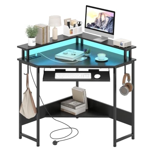 COSTWAY Corner Desk with Charging Station and LED Lights (Black)
