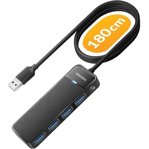 iDsonix USB 3.0 Hub w/Extended 180cm Long Cable, 4 Port USB Hub 3.0 Ultra Slim USB Splitter Multi USB Port adapter, USB Extension Hub Multiport Adapter for Laptop,PC,MacBook,USB Flash Drives, Black