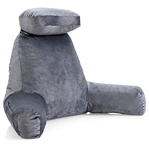 COSTWAY Extra Large Reading Pillow, Bed Rest Pillow Back Lumbar Support Cushion with Removable Neck Roll, Arms & Pockets, Sit Up Pillow for Relaxing Gaming Watching TV (Grey)