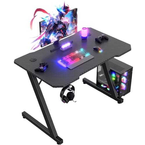 JUMMICO Gaming Desk 80 x 50 cm, Gaming Table Computer Desk Z Shaped PC Gamer Desk for Home Office, Gaming Desk with Headphone Hook, Black