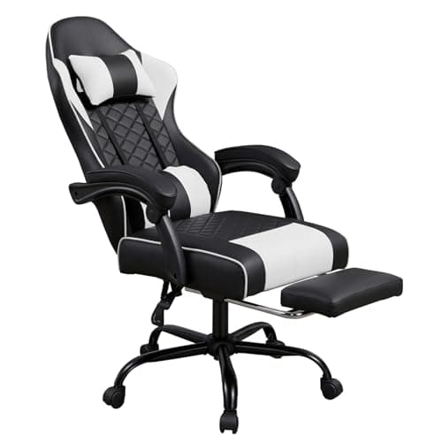 Panana Racing Style Gaming Chair with Footrest, PU Leather, Massage Lumbar Support, Reclining, 360° Swivel Seater Adjustable Height (White)