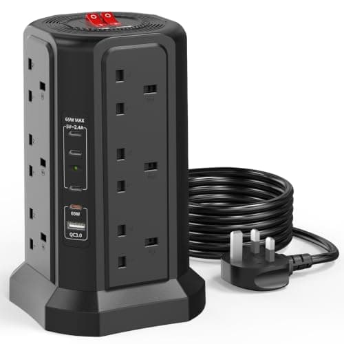 Tower Extension Lead 1.8M with PD65W USB C Fast Charger and 5 USB Slots