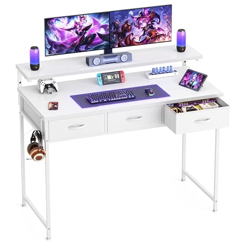Gaming Desk with Adjustable Monitor Stand, 3 Storage Drawers, White 100cm