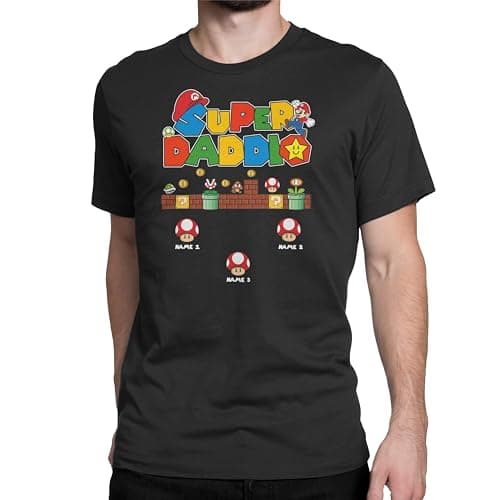 Baby Hustle Gamer Dad Gifts Super Daddio Retro Personalised T Shirt, 100% Cotton (UK, Alpha, L, Regular, Regular, Black)