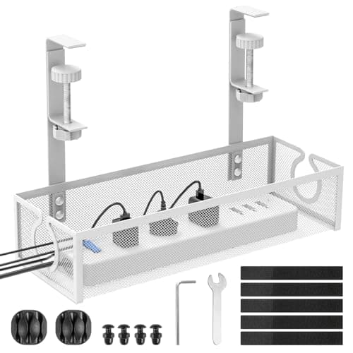 DECOHOME Under Desk Cable Management Tray, No-Drill, White, 1 Pack | 34 cm Metal Desk Cable Tidy with Clamp Mount for Power Strips, Adaptors and Cords, Fits 1-5 cm Desk Edges