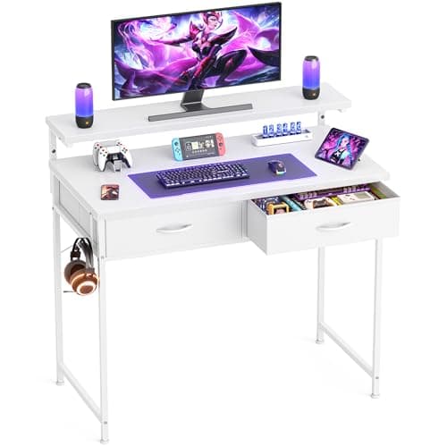 Gaming Desk with Adjustable Monitor Stand, 2 Storage Drawers, White 80×48cm