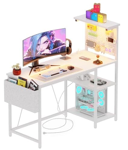 Xyphren Gaming Desk with Pegboard & Power Outlet & LED Light, Small Computer Desk with Reversible Shelves for Corner Home Office Desk, 100 * 50cm, White