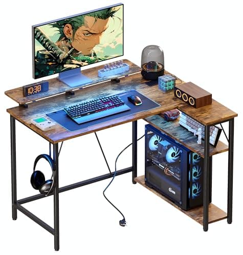 Xyphren L Shaped Gaming Desk with RGB LED Lights & Power Outlets,Corner Computer Desk with Adjustable Shelves, Small Office Desk for Study Workstation, 100x80 cm, Brown
