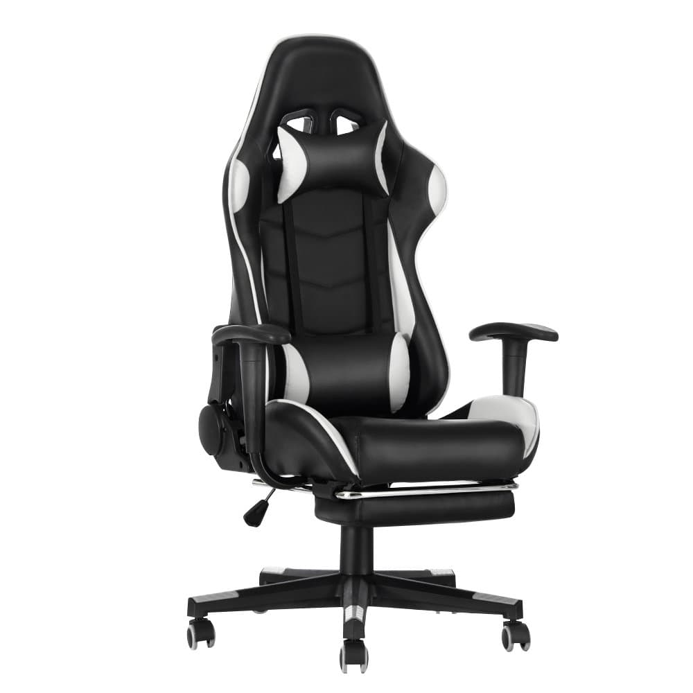 Panana Gaming Chair with Footrest Headrest Lumbar Pillow Swivel Recliner Desk Chair PU Leather (White)