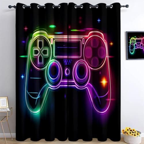Srigzcaly Blackout Curtains For Kids Teens Boys Bedroom, Gaming Theme Neon Controller Soundproof Window Drapes For Living Room Kitchen Playroom Eyelet Curtain, Black, Set Of 2 Panels W117 x L138 cm