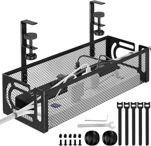 MiDARAH Under Desk Cable Management Tray No Drill, 40CM Sturdy Metal Mesh Cable Management Under Desk Organiser with Clamp Mount, Wire Management Tray, Cord Organiser for Home Office - Black