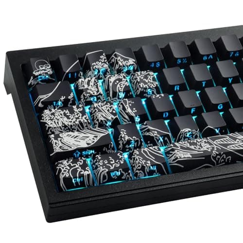 Sunzit PBT Keycaps 135 Keys Custom Keycaps Cherry Profile Dye-Sub Keycap Set Black Wave of Kanagawa Side Print Shine Through Keycap for MX Switches ISO/ANSI UK Layout Mechanical Gaming Keyboard