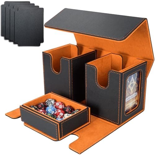 AFIING MTG Commander Deck Box 200 Double Sleeved Cards Storage, 3-in-1 Magnetic Card Case Organizer for Magic: The Gathering TCG CCG, 4 Dividers & 2 Toploaders (Black/Orange)