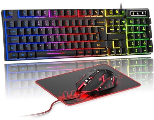 Rewurnth Gaming Keyboard and Mouse Set, UK Layout, RGB Backlit Wired Keyboard, Ergonomic 4-Color LED Gaming Mouse, Large Mousepad, USB Plug & Play for PC, Mac, PS4, Xbox