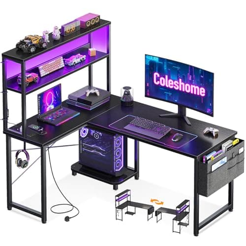 Coleshome L Shaped Gaming Desk with LED Lights & Power Outlet, Black | 110 × 80 cm Reversible Computer Desk with Shelves, Corner Desks with Storage Bag & Hook for Home Office