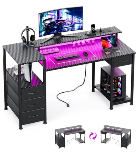 KitMent 120cm Desk with 4 Drawers, Power Outlets, Carbon Fiber Black