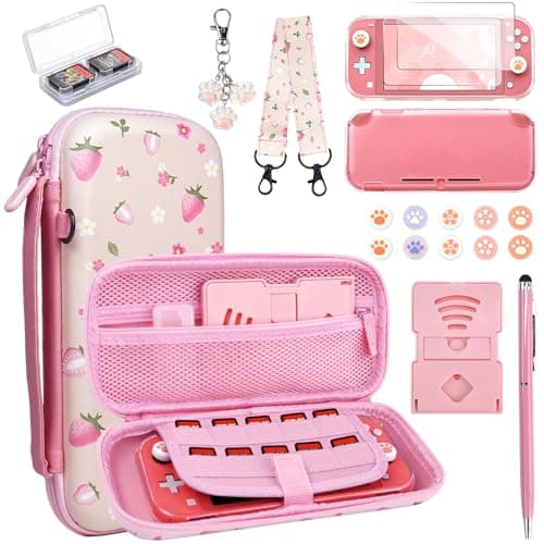 Carrying Case Compatible with Nintendo Switch Lite, Waterproof Portable Travel Bag, 19 in 1 Accessories Bundle with Screen Protector, Thumb Grips, Stand, Clear Protective Cover for Switch Lite, Pink