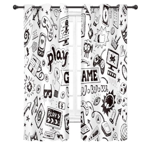 Cinbloo Kids Video Games Blackout Curtains 29W x 63L Inch Black White Gaming Curtains Teen Boys Bedroom Decor Gamer Theme 90's Cool Art Printed Living Room Playroom Window Drapes 2 Panels