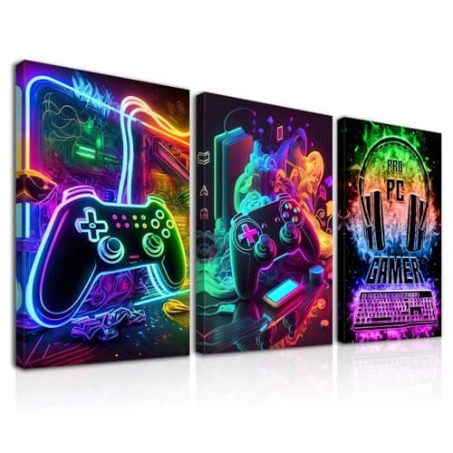 Dazzlewall 3Pcs Framed Game Wall Art Prints Cool Neon Gaming Posters for Teen Boys Room Dorm Game Room Decor 12x16 in