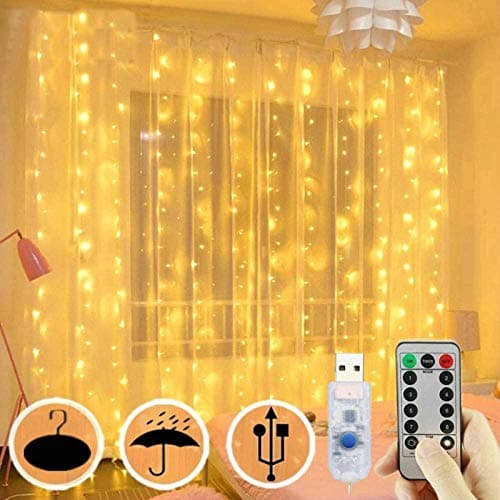 FANSIR Curtain Fairy Lights, 3m×3m 300LED Fairy Lights with 8 Modes Remote Control Timer Adjustable Brightness Waterproof Curtain Light Plug in for Bedroom Garden Party Wedding Christmas (Warm White)