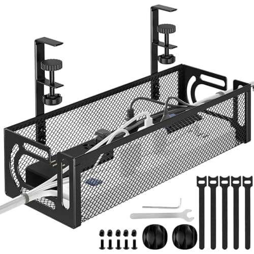 Tivddikun Cable Management, Under Desk Cable Management, Desk Cable Tidy | Cable Tray Under Desk, Under Desk Cable Management Tray No Drill with Clamp Mount, Cable Organiser for Home Office, Black