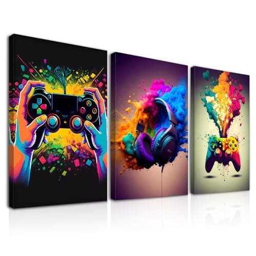 Dazzlewall 3Pcs Framed Gaming Wall Art Colourful Headphone Gamepad Pictures, Video Game Wall Art Posters for Teen Boys Room Dorm Game Room Decor 12x16 in