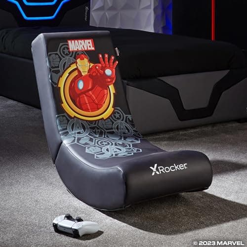 X-Rocker Marvel Ironman Floor Rocker, Folding Console Gaming Chair - Ergonomic Support, Space-Saving Design, Rocking Base, Wipe-Clean Faux Leather for Kids - Ironman - Licensed